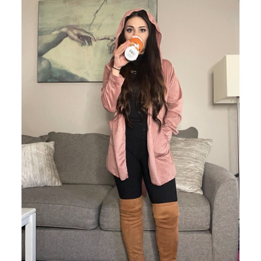 Mauve Belted Faux Suede Hooded Jacket - Picture 3 of 4